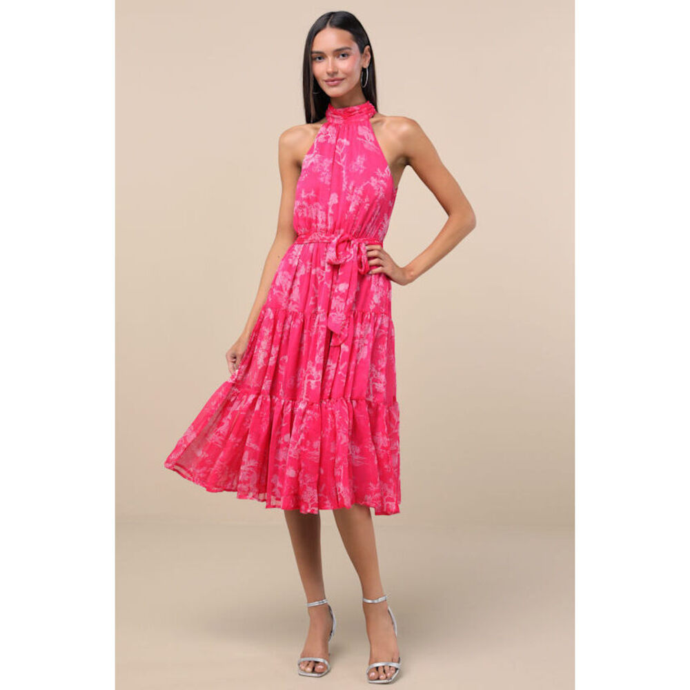 Lulus Float To You Hot Pink Floral Halter-neck Midi Dress - Sizes M & L